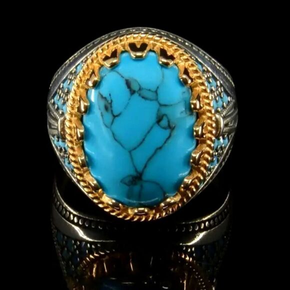 Vintage Unisex Electroplated Two-tone Inlaid Turquoise Ring - Picture 2 of 8